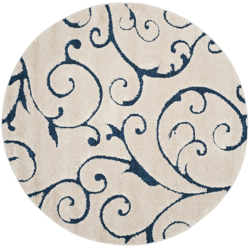 SAFAVIEH Florida Shag Shahin Scroll 1.2-inch Thick Textured Rug - 4' Round - Cream/Blue