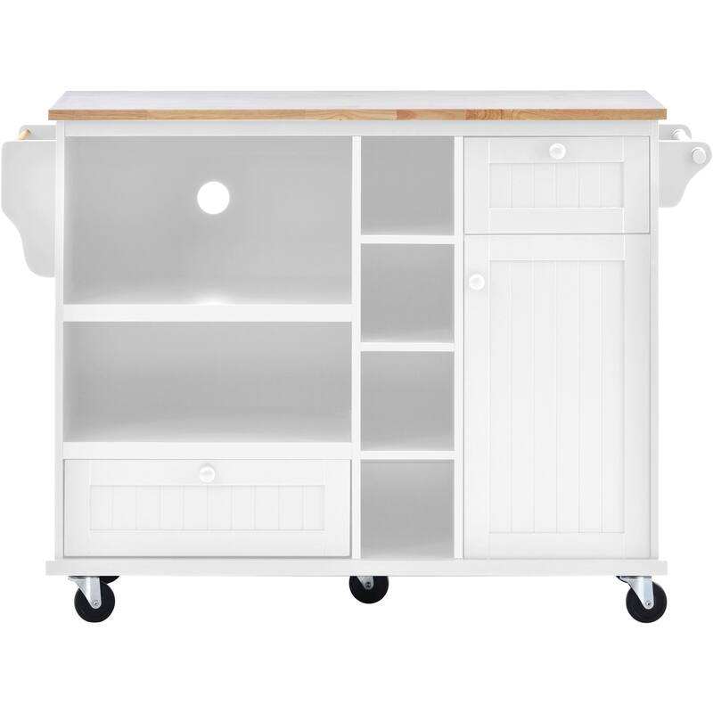 Rubberwood Kitchen Cart with Drop Leaf, Microwave storage rack, Exterior Shelves, and 2 drawers