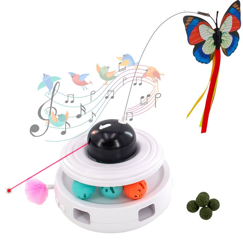 Interactive Motion Cat Toy with Sound, Track Ball w/ Cantip Pouch, Automatic Butterfly Teaser, Peek A Boo Feather - white - regular