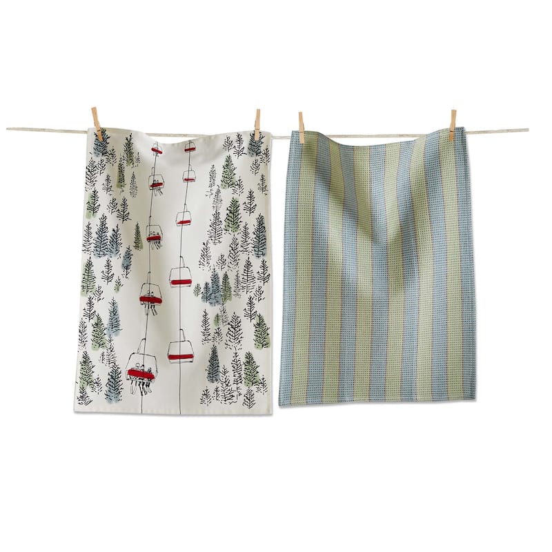 Ski Lift Dishtowel Set - Green Multi Cotton Kitchen Towels for Christmas - Machine Washable 26x18 inches