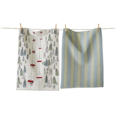Ski Lift Dishtowel Set - Green Multi Cotton Kitchen Towels for Christmas - Machine Washable 26x18 inches