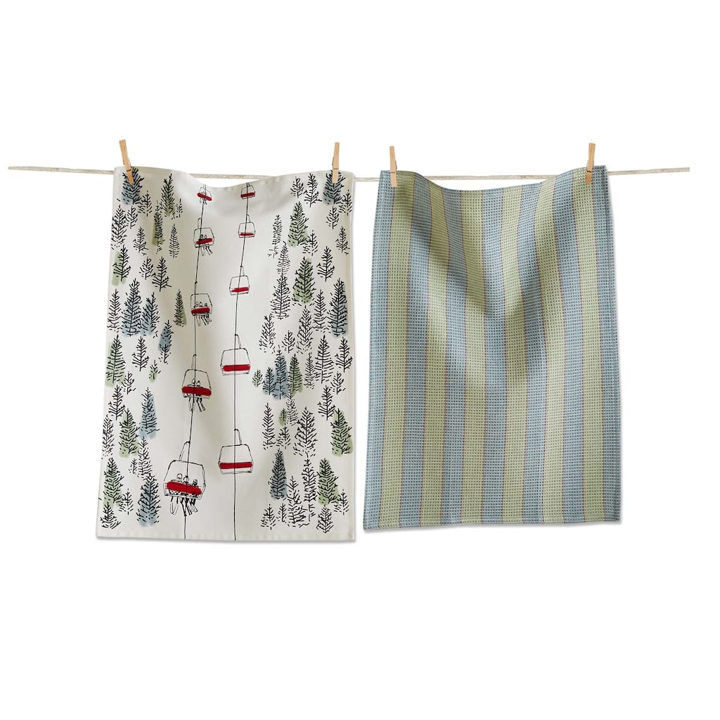 Ski Lift Dishtowel Set - Green Multi Cotton Kitchen Towels for Christmas - Machine Washable 26x18 inches