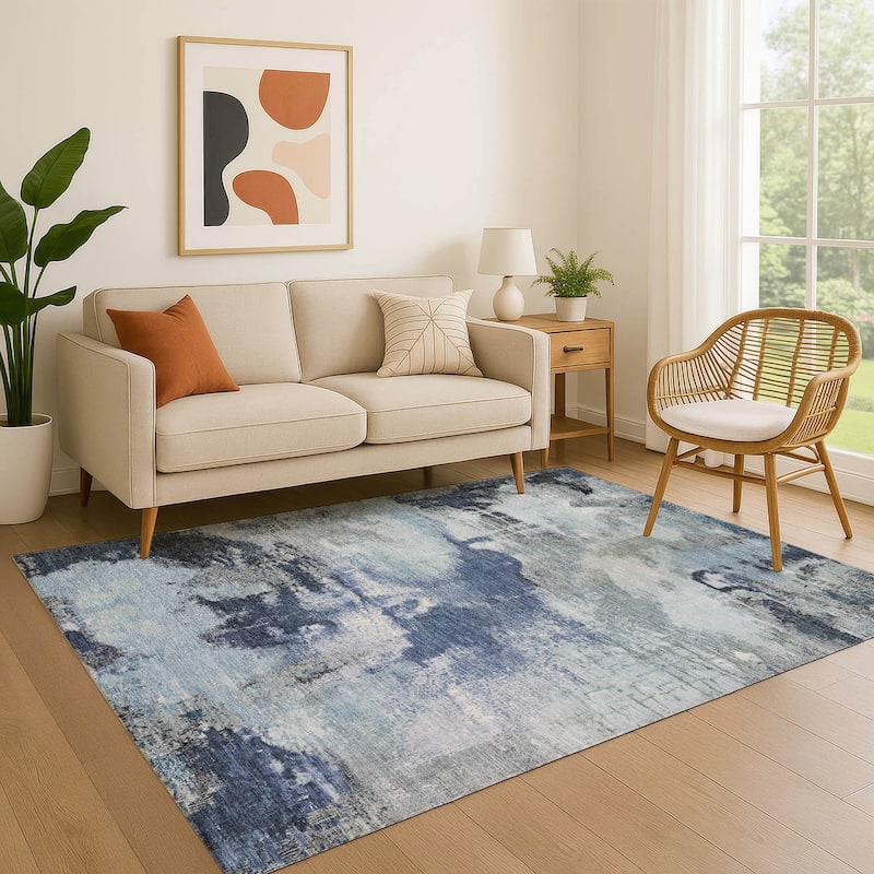 Premium Washable Super Soft Abstract Brushstrokes Mayfield Rug - Blue - 3' x 5'