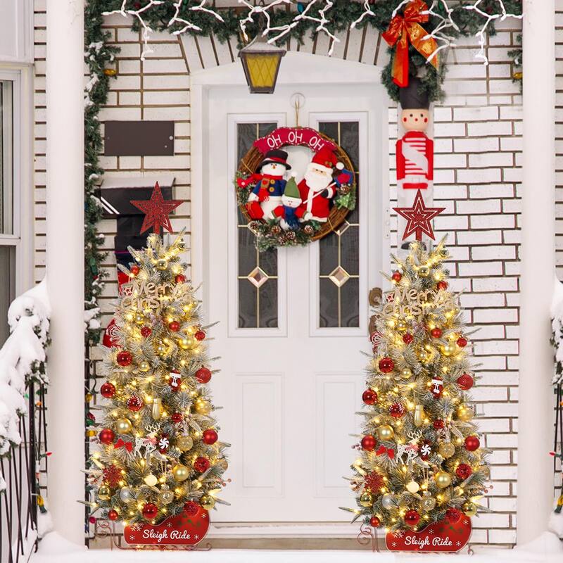 2Pcs 4.5 Ft Pre-Lit Artificial Christmas Tree with 85 Clear Lights,Timer,Pine Cones and Sleigh Base - 3#2Pcs