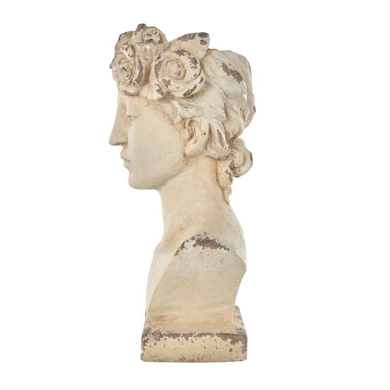 Cream Magnesium Oxide Distressed Antique Greek Bust Woman Indoor Outdoor Planter with Floral Accents