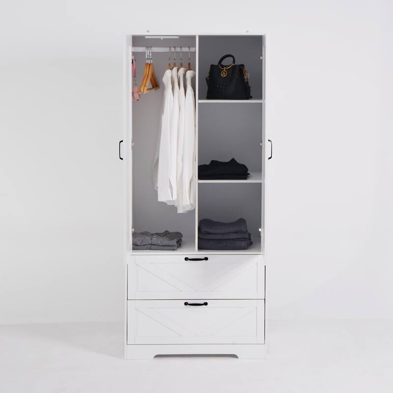2 Door Wood Wardrobe with Hanging Clothing Rod inside the Cabinet and 2 Drawers, Multifunctional Closet with Mirror
