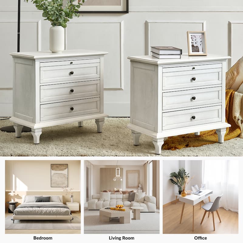 Muriel Farmhouse 3 Drawers End Table with Built-In Outlets by HULALA HOME