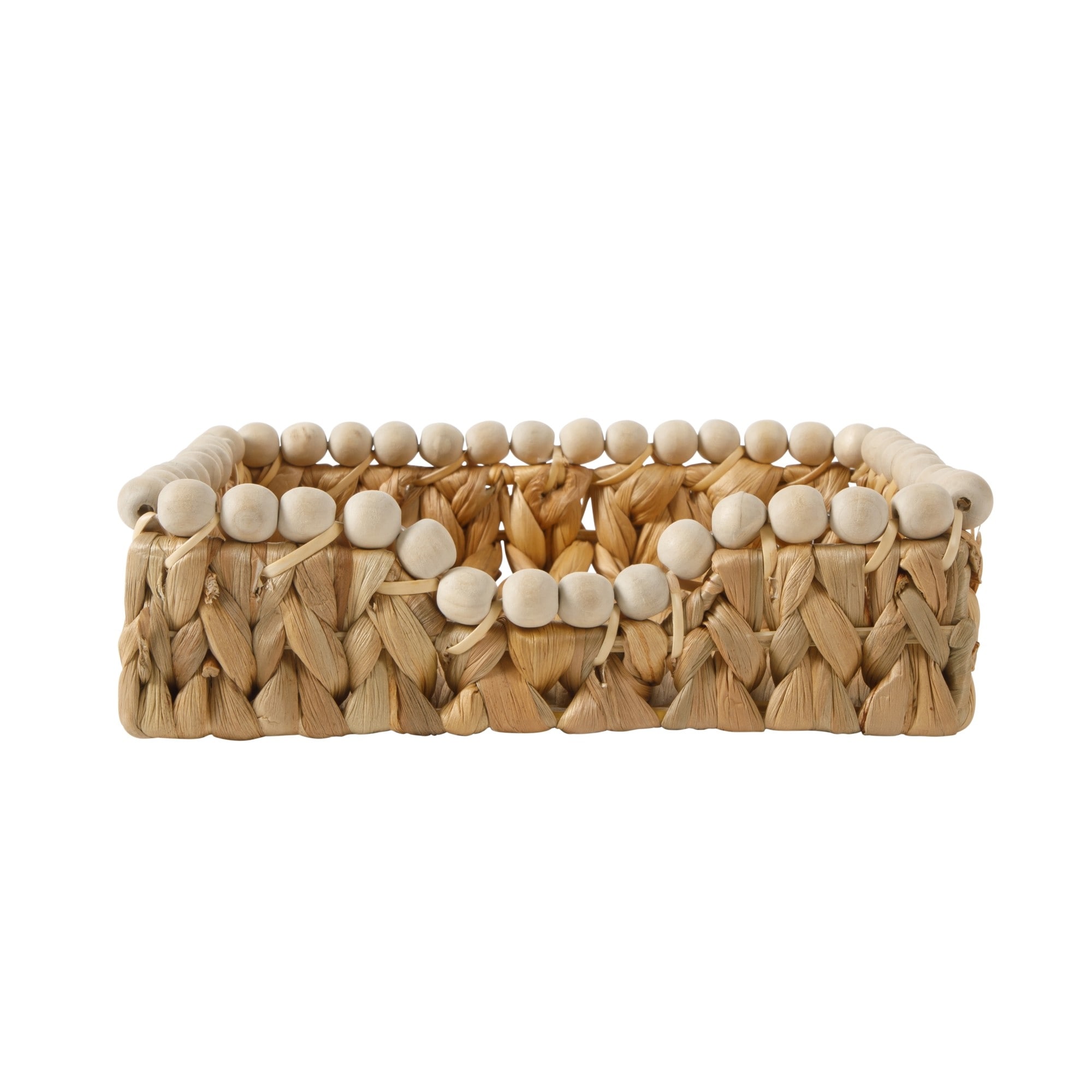 Gibson Home Woven Decorative Napkin Holder Tray - Natural Water Hyacinth Square Basket with Wood-Bead Trim