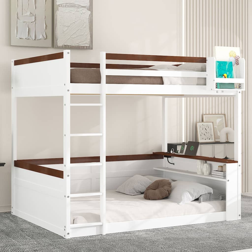 Queen Size Wooden Bunk Bed with Shelves, Storage Box, LED Light, and USB Charging Station