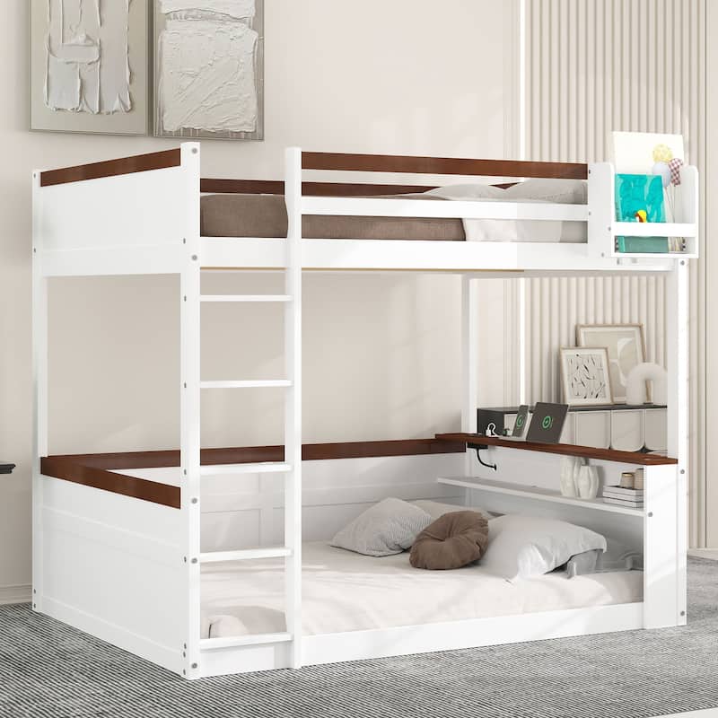 Queen Wooden Bunk Bed with Storage Shelves LED Light USB Charging Station - White