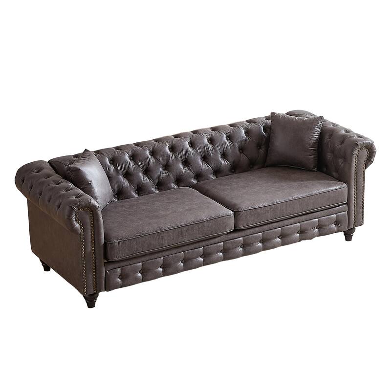 Grey 85.5" Tech Fabric 3-Seater Chesterfield Sofa with Rolled Arms, 2 Cushions