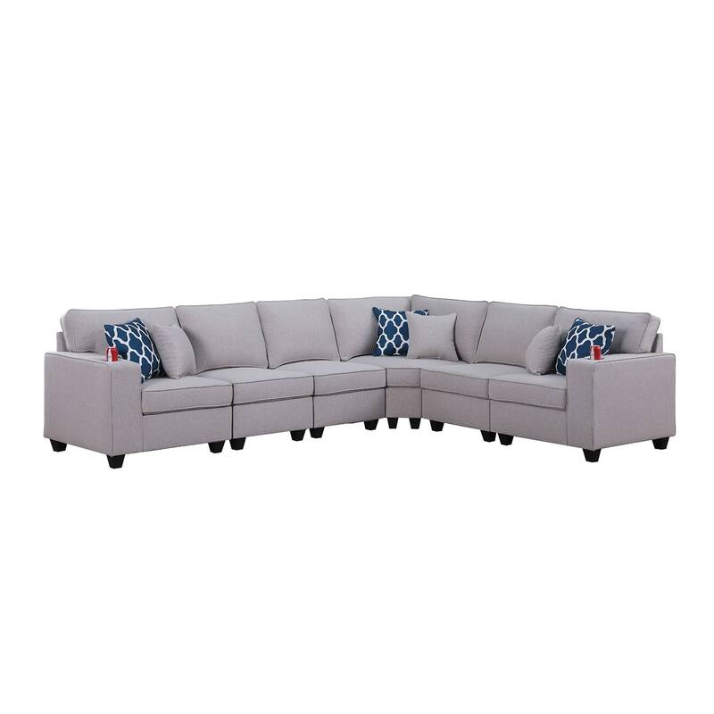 6 Piece Linen Upholstered L-Shape Sectional Sofa in Light Gray