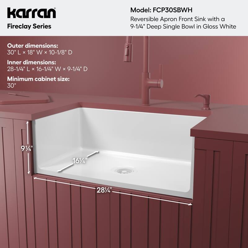 Karran 30" Single Bowl Panel Front Farmhouse Fireclay Kitchen Sink with Reversible Apron Front