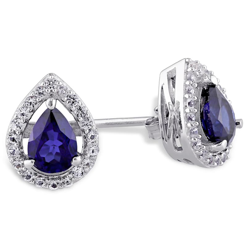 Miadora Sterling Silver Pear-cut Created Blue and White Sapphire Halo Teardrop Necklace and Stud Earrings 2-Piece Set