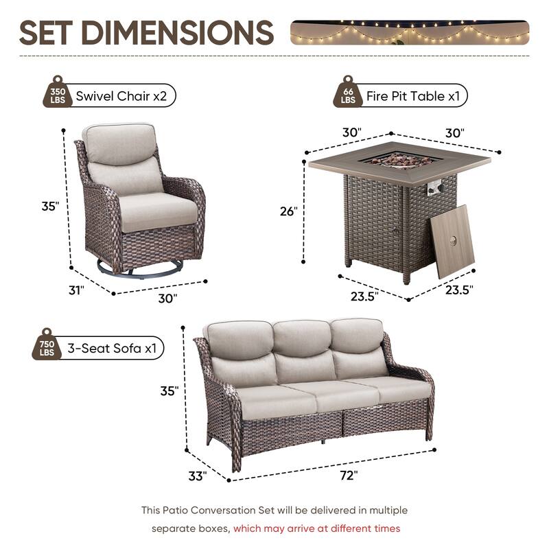 Pocassy Outdoor Propane Fire Table with Sofa Swivel Chair Table Funiture Set.
