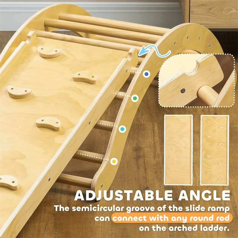 4-in-1 Natural Wood Pikler Triangle Climber Set for Toddlers with Slide Ramp and Cushion - 66.1" L x 19.5" W x 15.6" H