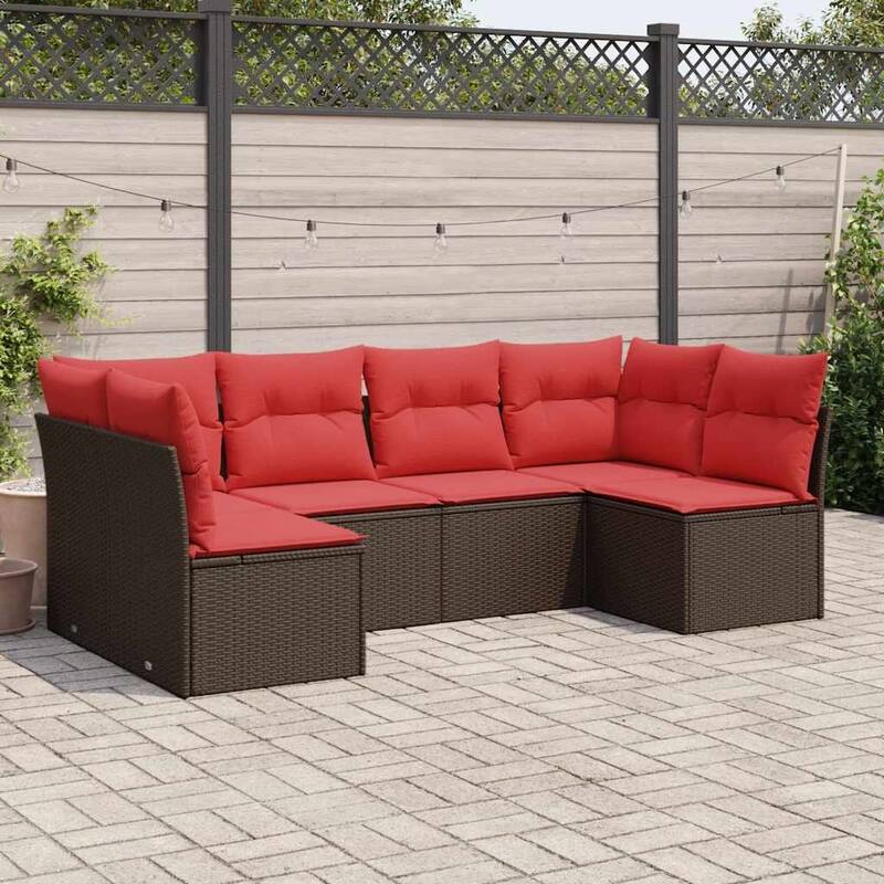 vidaXL 6/7 Piece Patio Sofa Set with Cushions Black/Brown/Gray Poly Rattan - 24.4 x 24.4 x 27.2 - Brown and red Without table