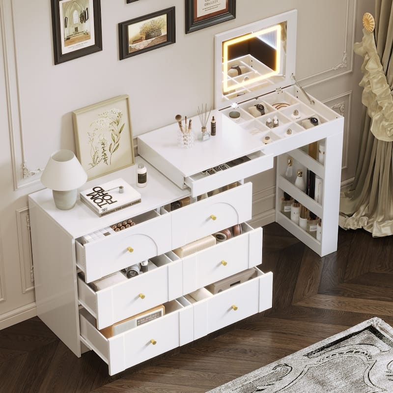 Modern Adjustable Vanity Desk with Mirror and Flip-top Tabletop - White