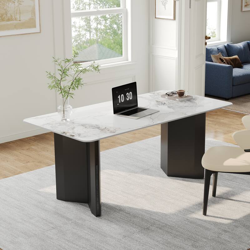 63" Modern Rectangular Writing Desk, Glossy White Sintered Stone Top, Black Stainless Steel Double Base - white Sintered Stone