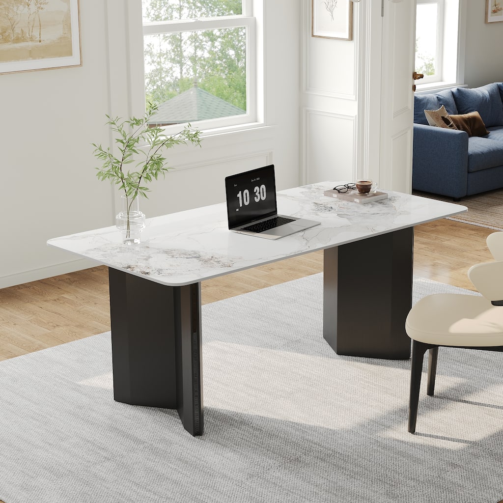 63" Modern Rectangular Writing Desk, Glossy White Sintered Stone Top, Black Stainless Steel Double Base