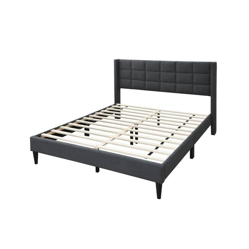 Meno Queen Size Bed, Square Stitched Charcoal Gray Linen Upholstery