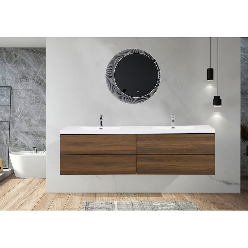 Alma-Pre 84 Inch Wall Mount Vanity with White Double Sink - Brown