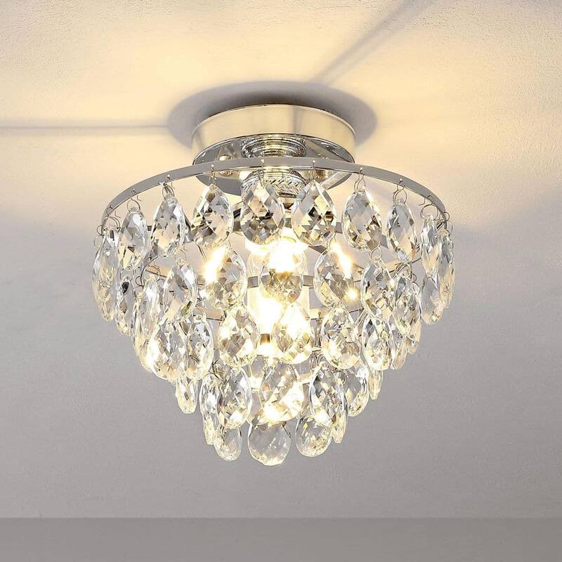 WINGBO Small Crystal Ceiling Light Fixture Mini Semi Flush Mount... - Nickel