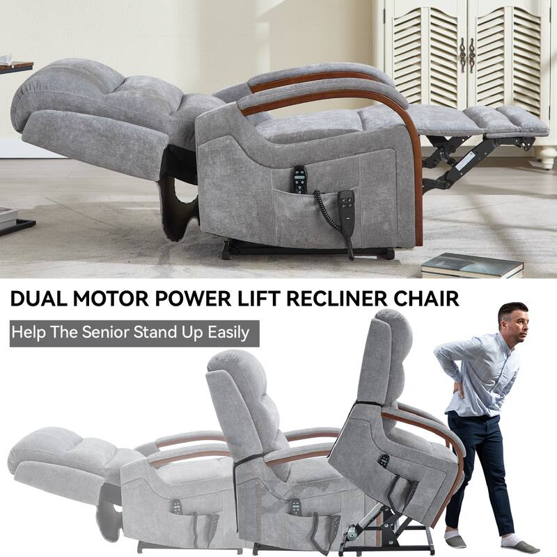 Roomfitters Dual Motor Power Lift Recliner, Infinite Position Massage Chair with Solid Wood Armrests, Chenille
