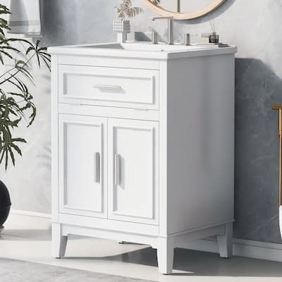 24 in. W Freestanding Bath Vanity in White with White Ceramic Top Sink