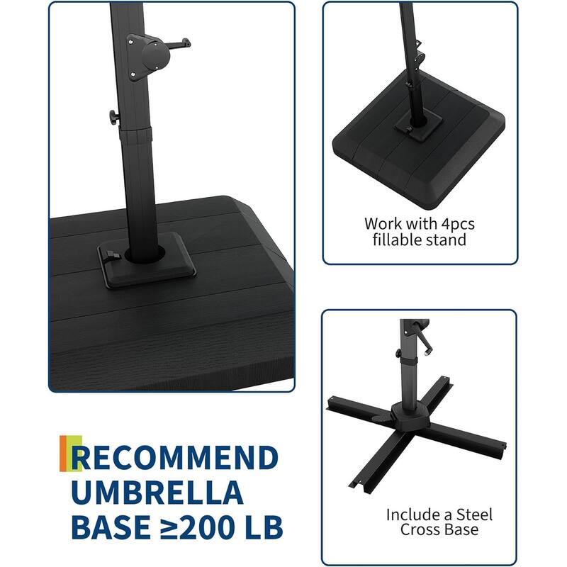 10x10Ft Square Solar LED Cantilever Umbrella , with Weighted Base