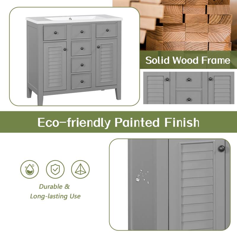 36" Modern Bathroom Vanity Cabinet Base in Grey with Two Cabinets, Five Drawers & Open Storage Shelf, Solid Wood Frame
