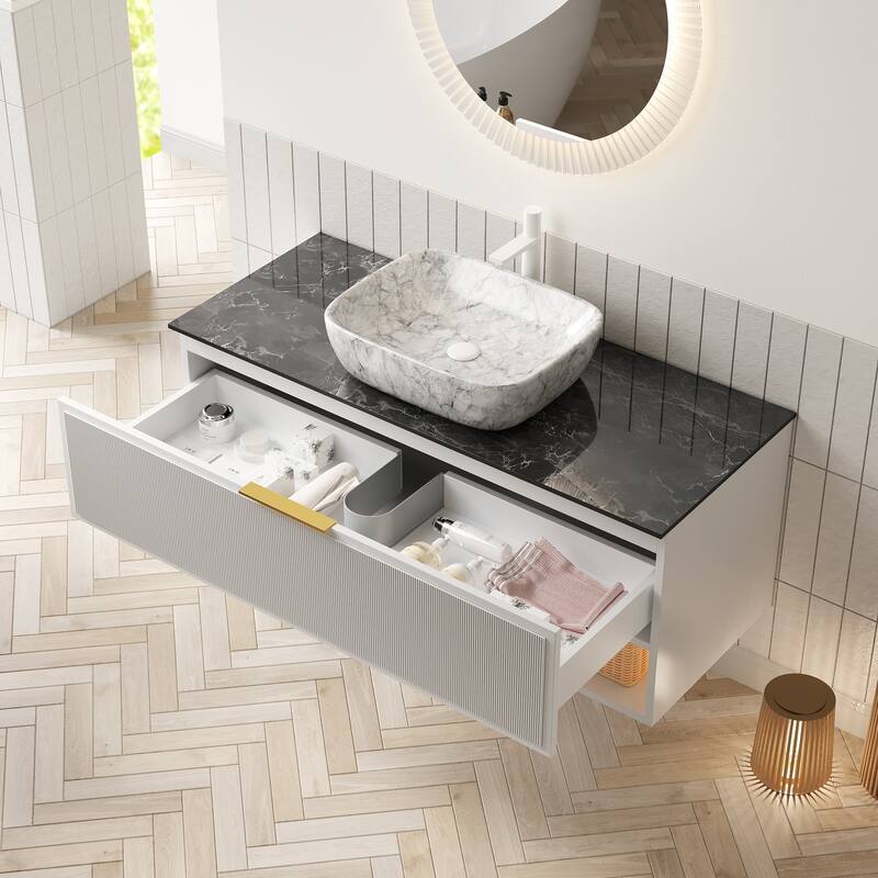 GDFStudio - Malone Floating Bathroom Vanity with Pinstripe Drawers, Open Shelf & Marble Look Ceramic Basin, WITHOUT Faucet