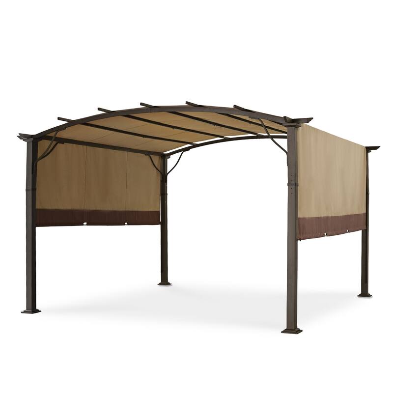 Aluminum Outdoor Pergola with Slightly Arched Canopy and Retractable Shade - Brown - 12x12