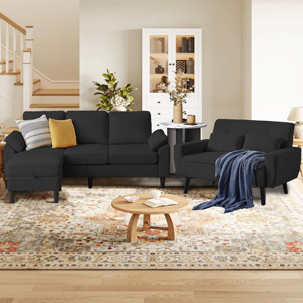 3 Piece Corduroy Living Room Sets including Sofa,Storage Ottoman and Loveseat