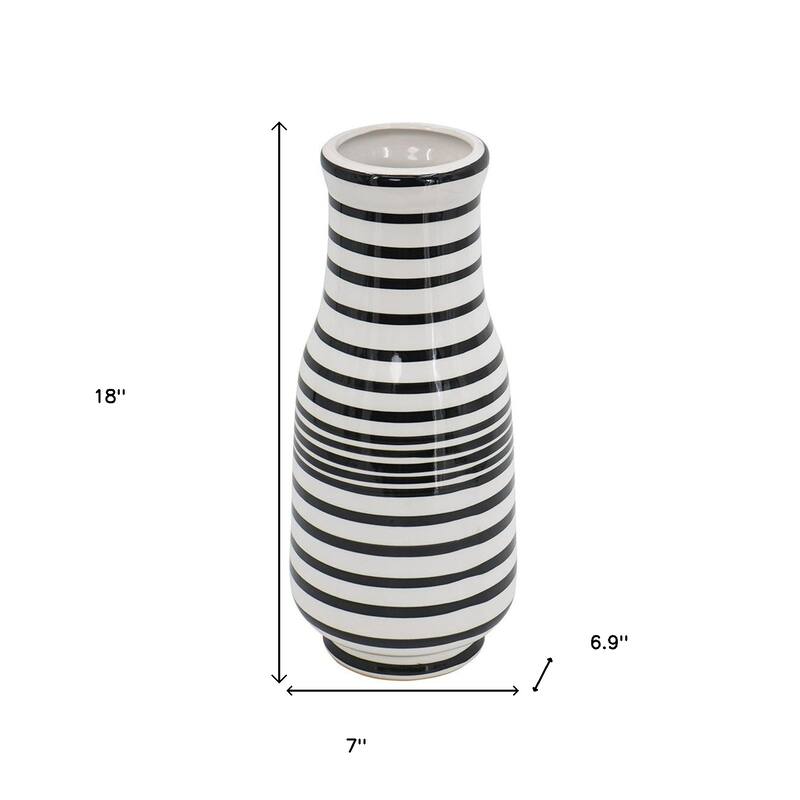 18" Black And White Hand Painted Stripe Ceramic Table Vase - 10.20