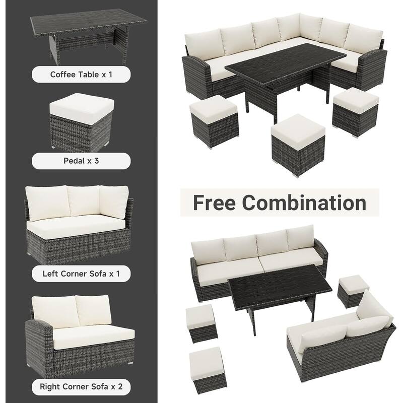 7-Piece Outdoor Patio Sectional Sofa Set with Dining Table – All-Weather PE Wicker Conversation Set