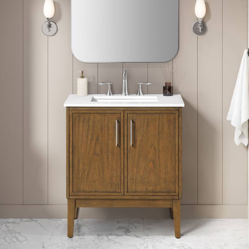 Kira Warm Walnut Bathroom Vanity with White Engineered Stone Top