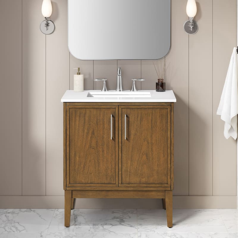 OVE Kira Warm Walnut Bathroom Vanity with White Engineered Stone Top - 30" - Warm Walnut with Brushed Nickel Hardware