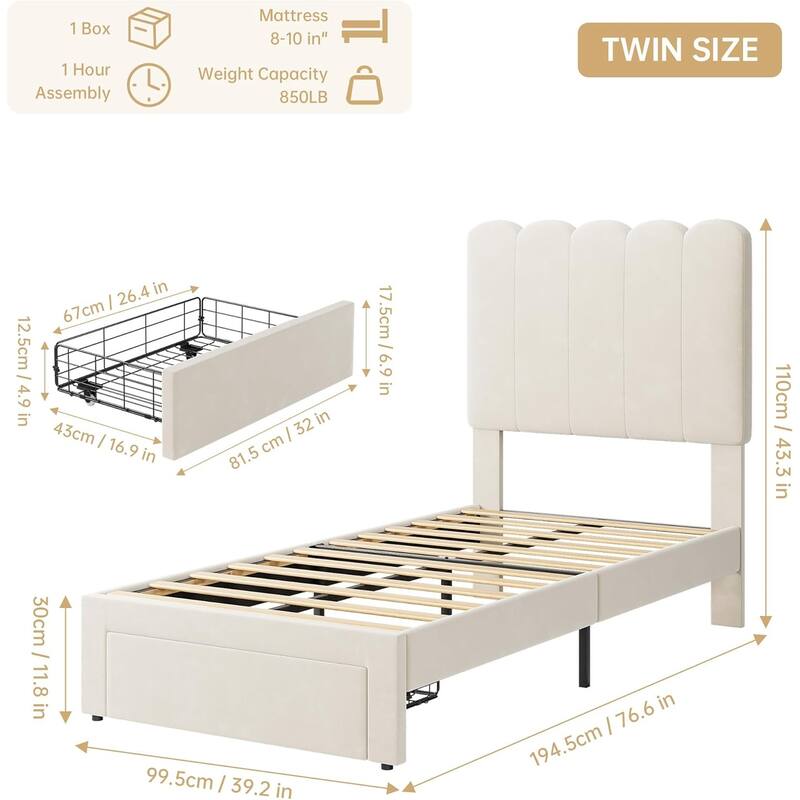 Twin Bed Frame with Storage Drawer and Headboard