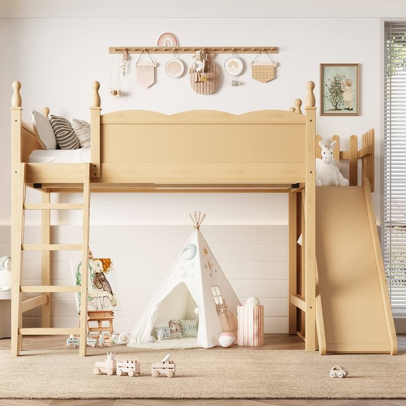 Full Loft Bed with Storage Shelves and Wardrobe, Solid Wood Loft Beds with Detachable Slide and Ladders, No Spring Box Needed