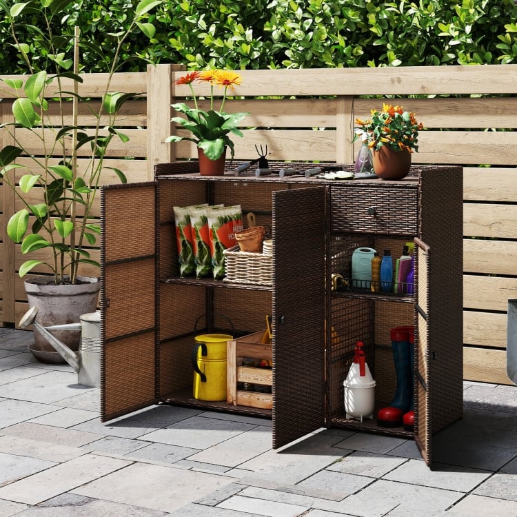 Mix Brown PE Rattan Patio Storage Cabinet with Metal Frame and Drawer - 48" x 17" x 40"