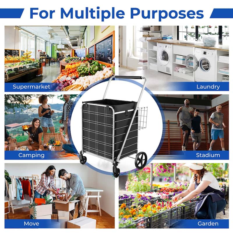 Gymax Folding Shopping Cart Jumbo Upgraded Utility Grocery Cart w/