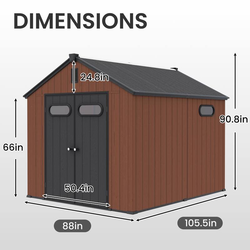 8' x 8' / 8' x 10'/ 8' x 12' Outdoor Resin Storage Shed with Floor & Lockable Doors All-Weather Garden Tool Storage for Patio
