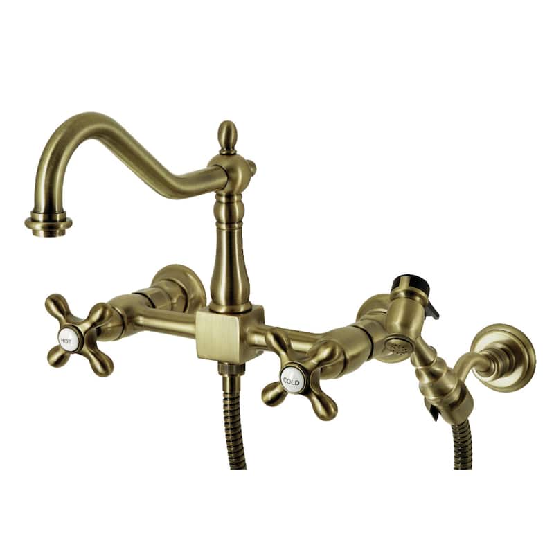 Heritage Two-Handle Wall Mount Bridge Kitchen Faucet with Brass Sprayer - Antique Brass
