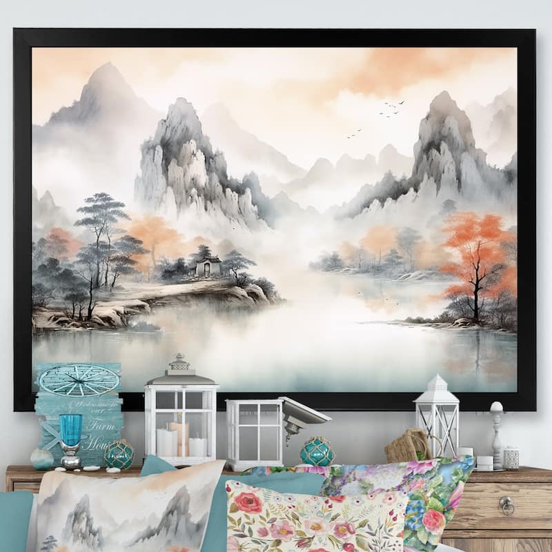 Designart "Grey Tranquil Chinese Landscape Serenity I" China Orange - Traditional Entryway Framed Wall Art Print - 32 in. wide x 16 in. high - Black