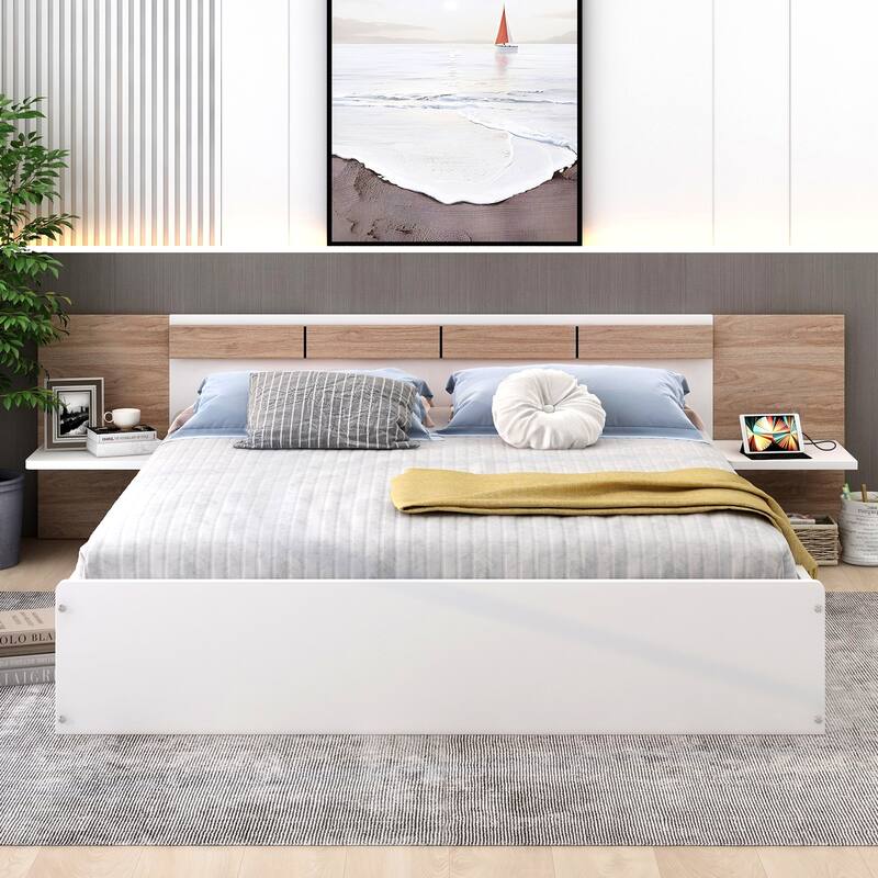 Queen Size Concise Low-Profile Platform Bed Frame with USB Charging