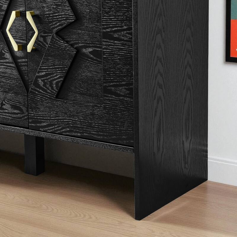 60" Mid Century Sideboard Buffet Cabinet with Geometric Pattern, Adjustable Shelves & Outlet Holes for Entryway