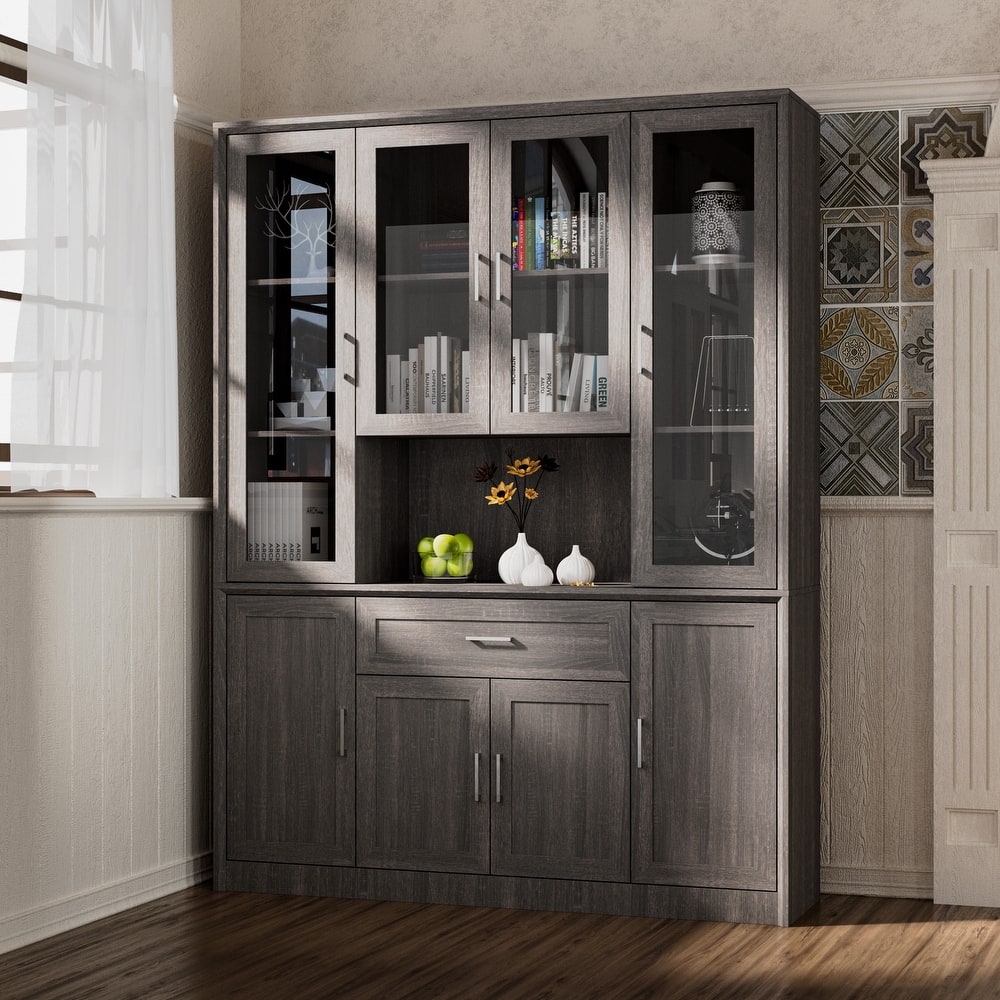 Modular Glass Door Bookcase Wall Unit with Storage Cabinets and Drawers, Dark Oak Display Hutch for Living Room or Home Office