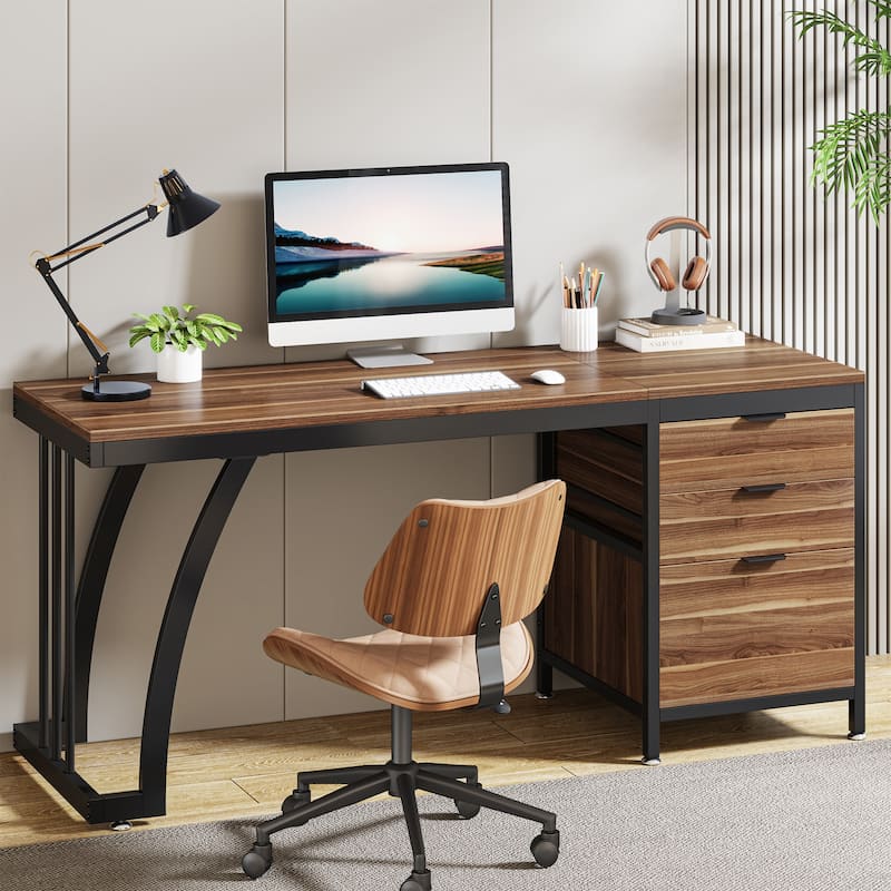 59 Inches Computer Desk Writing Table with 3 Reversible Drawers - Walnut+Black