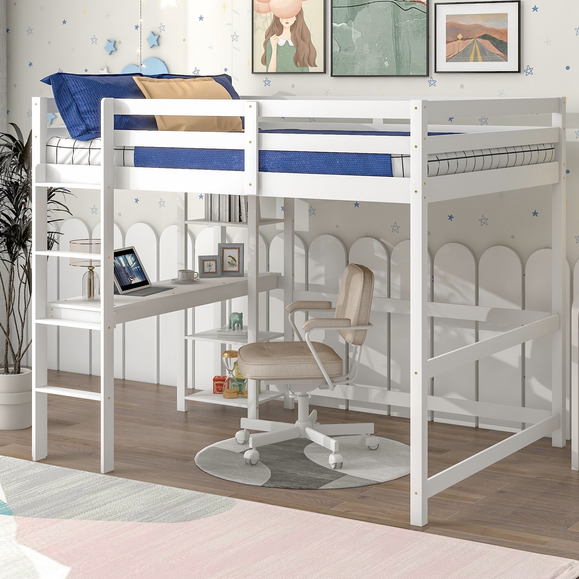 Multi Functional Pine Wood Full Loft Bed with Desk and Shelves